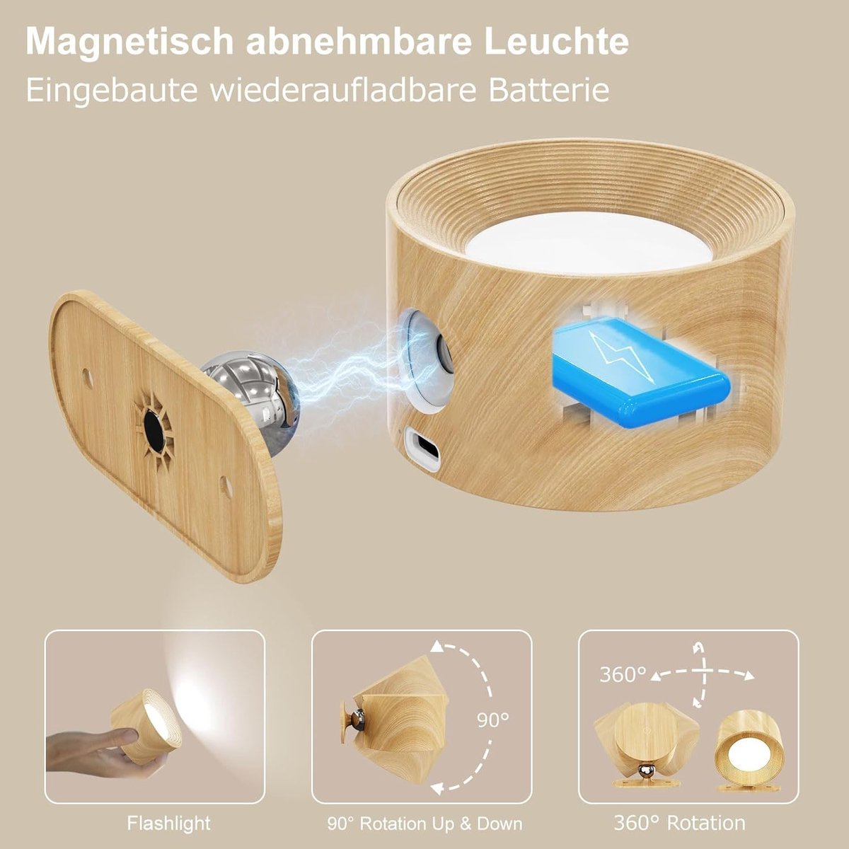 Night light - Indoor wall light - Rechargeable wall light - Children%27s night light - Wall light with 1 battery - Touch control with 3 brightness levels - 360° rotation - For living room