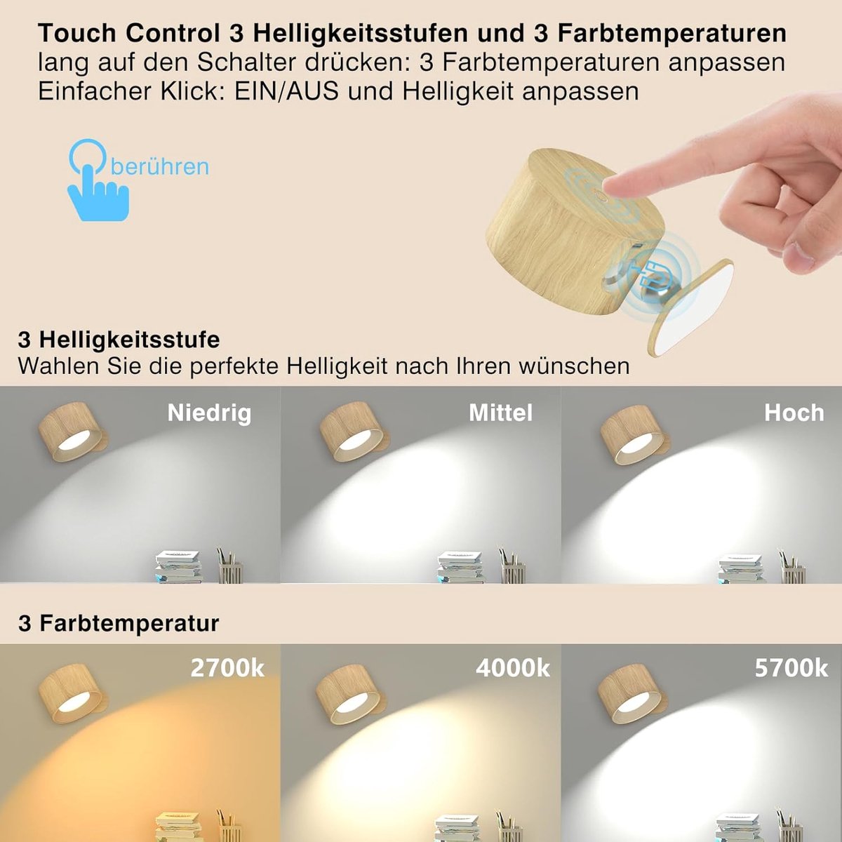 Night light - Indoor wall light - Rechargeable wall light - Children%27s night light - Wall light with 1 battery - Touch control with 3 brightness levels - 360° rotation - For living room