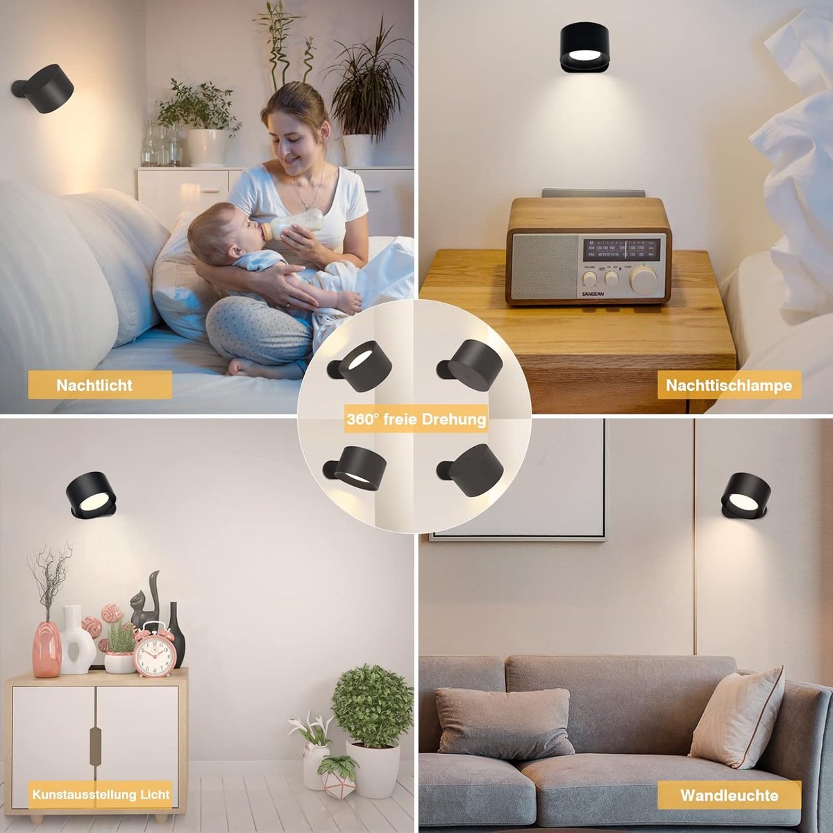 Lamp - Indoor wall light - LED wall light - Night light for adults - Battery operated wall light (1 piece) - Touch control with 3 brightness levels - 360° rotation - For living room