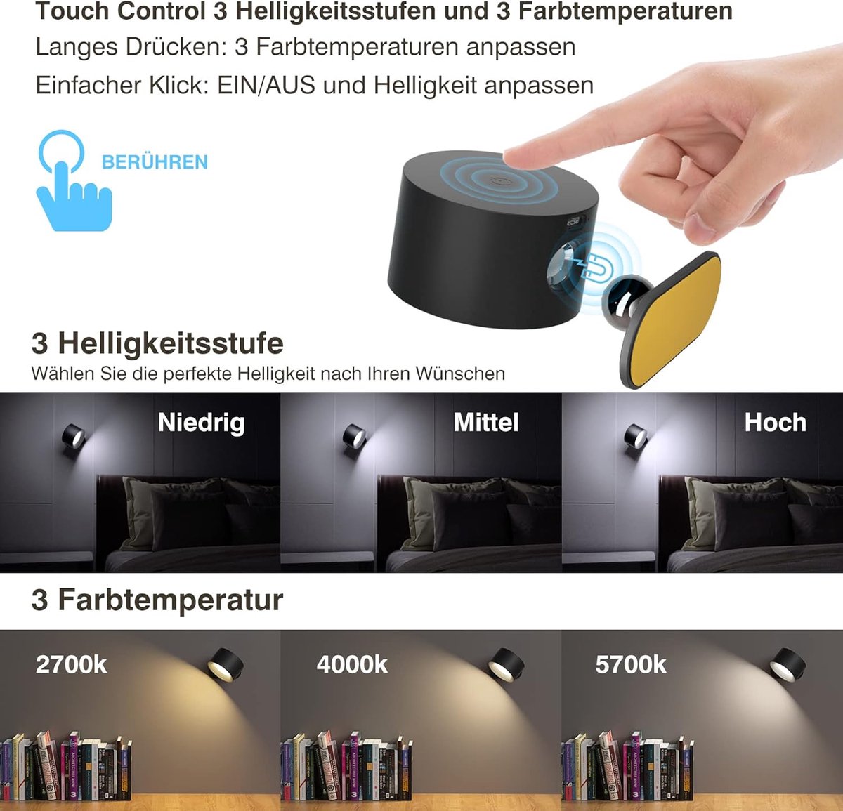 Lamp - Indoor wall light - LED wall light - Night light for adults - Battery operated wall light (1 piece) - Touch control with 3 brightness levels - 360° rotation - For living room