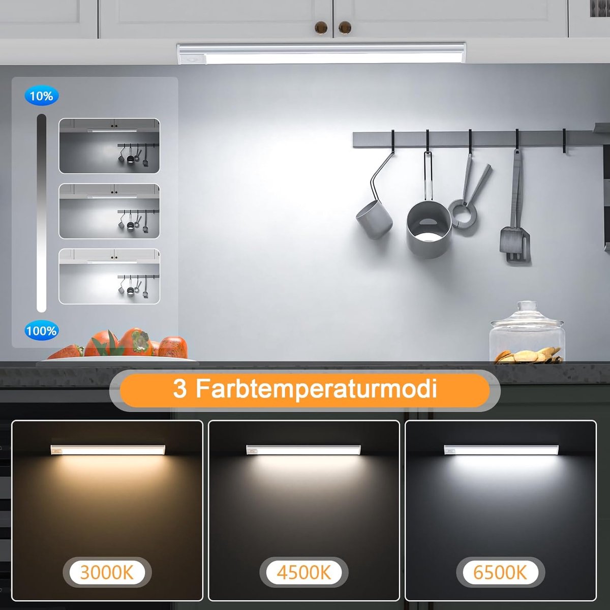 20cm LED Under Cabinet Lighting with Motion Detector - Rechargeable - 3 Colour Temperatures and Infinite Dimming