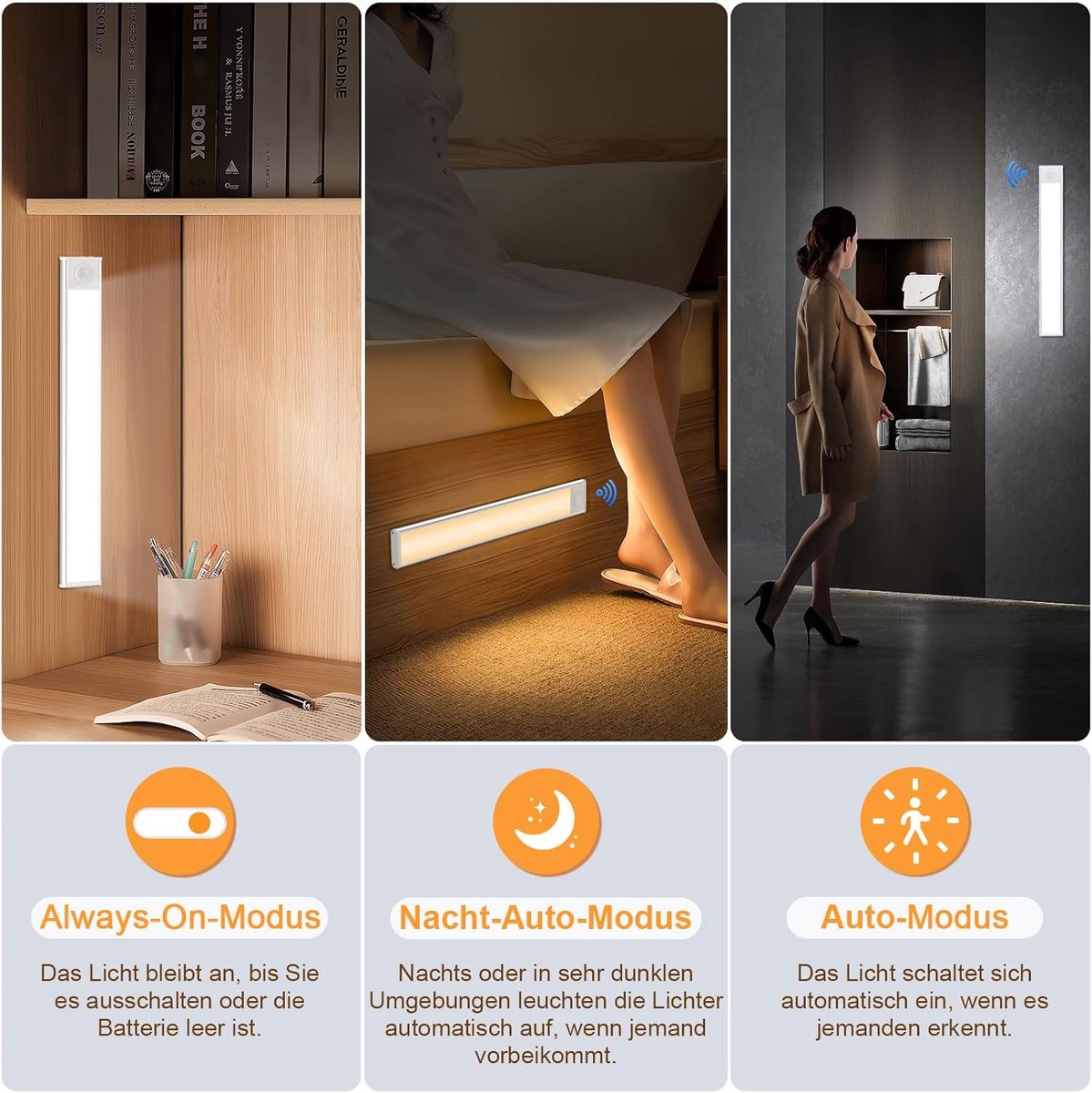 20cm LED Under Cabinet Lighting with Motion Detector - Rechargeable - 3 Colour Temperatures and Infinite Dimming