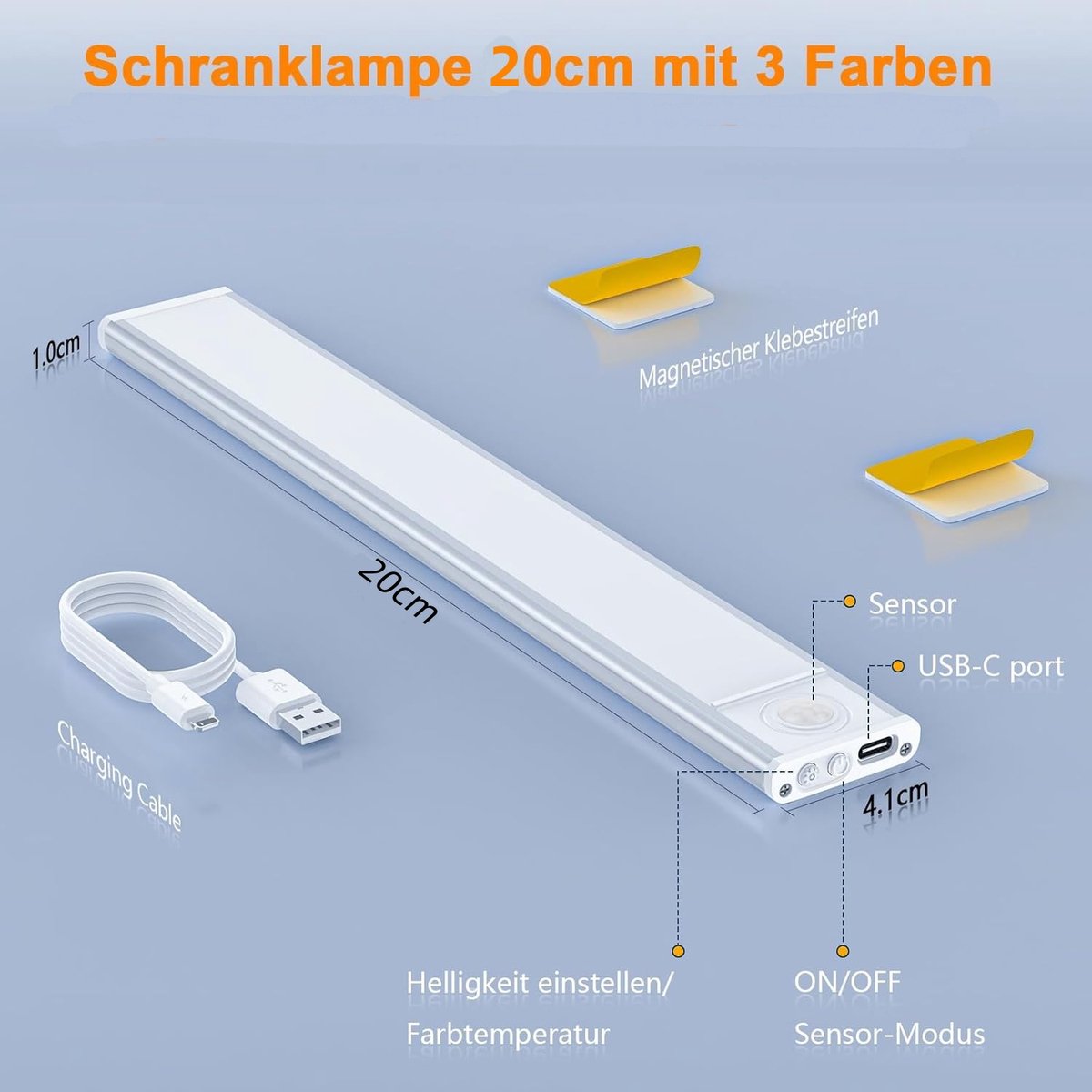 20cm LED Under Cabinet Lighting with Motion Detector - Rechargeable - 3 Colour Temperatures and Infinite Dimming