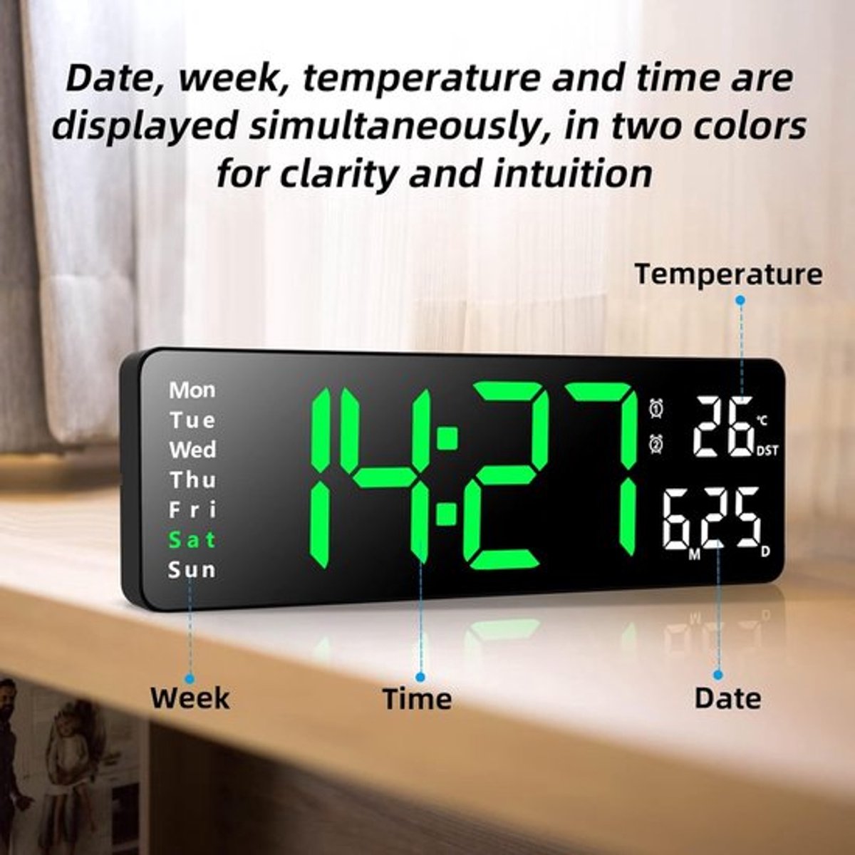Digital Clock - Wall Clock - LED Display - 13-inch LED Digital Clock - Remote Control - Modern Design - Adjustable Brightness - Time