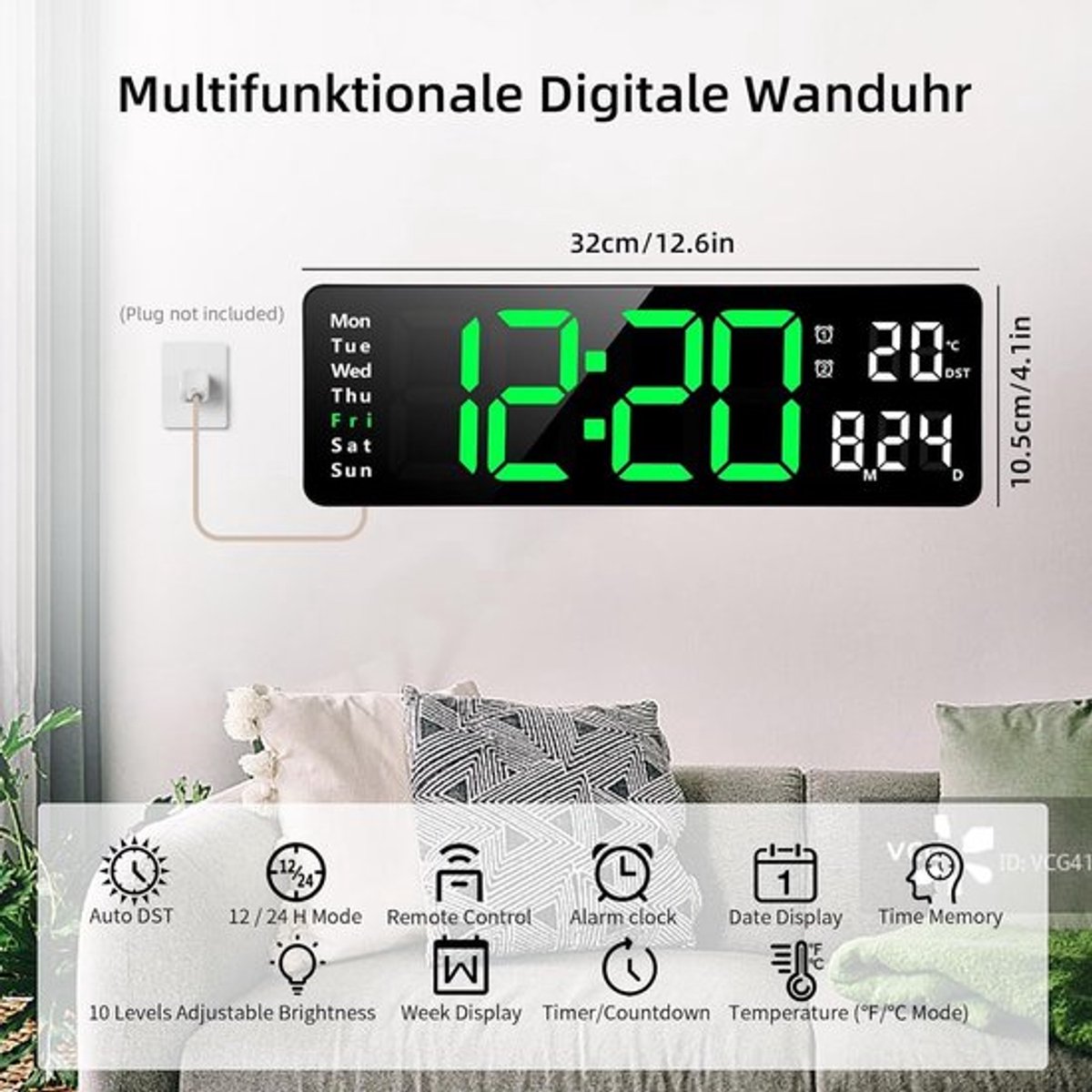 Digital Clock - Wall Clock - LED Display - 13-inch LED Digital Clock - Remote Control - Modern Design - Adjustable Brightness - Time