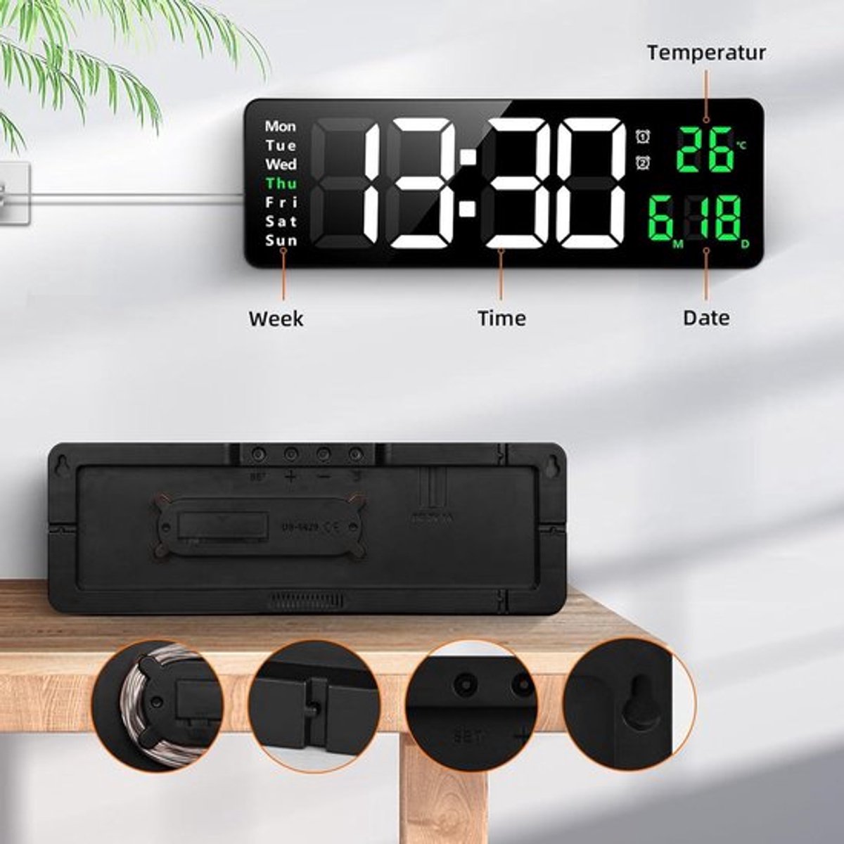 Digital Clock - Wall Clock - LED Display - 13-inch LED Digital Clock - Remote Control - Modern Design - Adjustable Brightness - Time