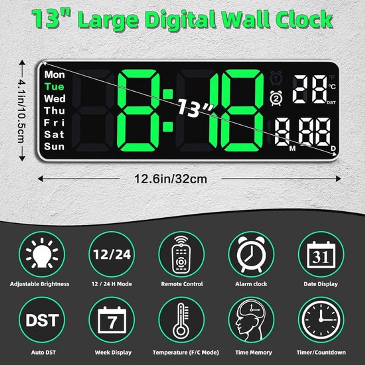Digital Clock - Wall Clock - LED Display - 13-inch LED Digital Clock - Remote Control - Modern Design - Adjustable Brightness - Time
