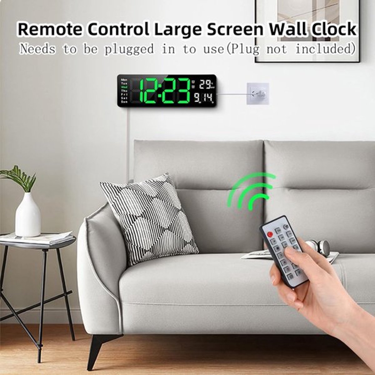 Digital Clock - Wall Clock - LED Display - 13-inch LED Digital Clock - Remote Control - Modern Design - Adjustable Brightness - Time