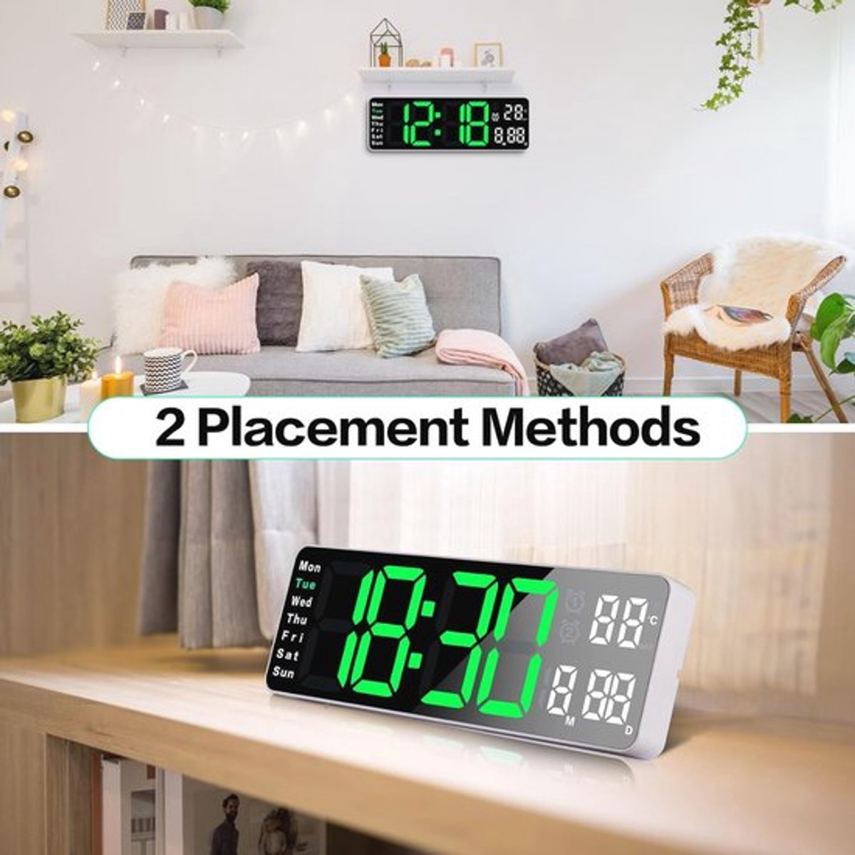 Digital Clock - Wall Clock - LED Display - 13-inch LED Digital Clock - Remote Control - Modern Design - Adjustable Brightness - Time