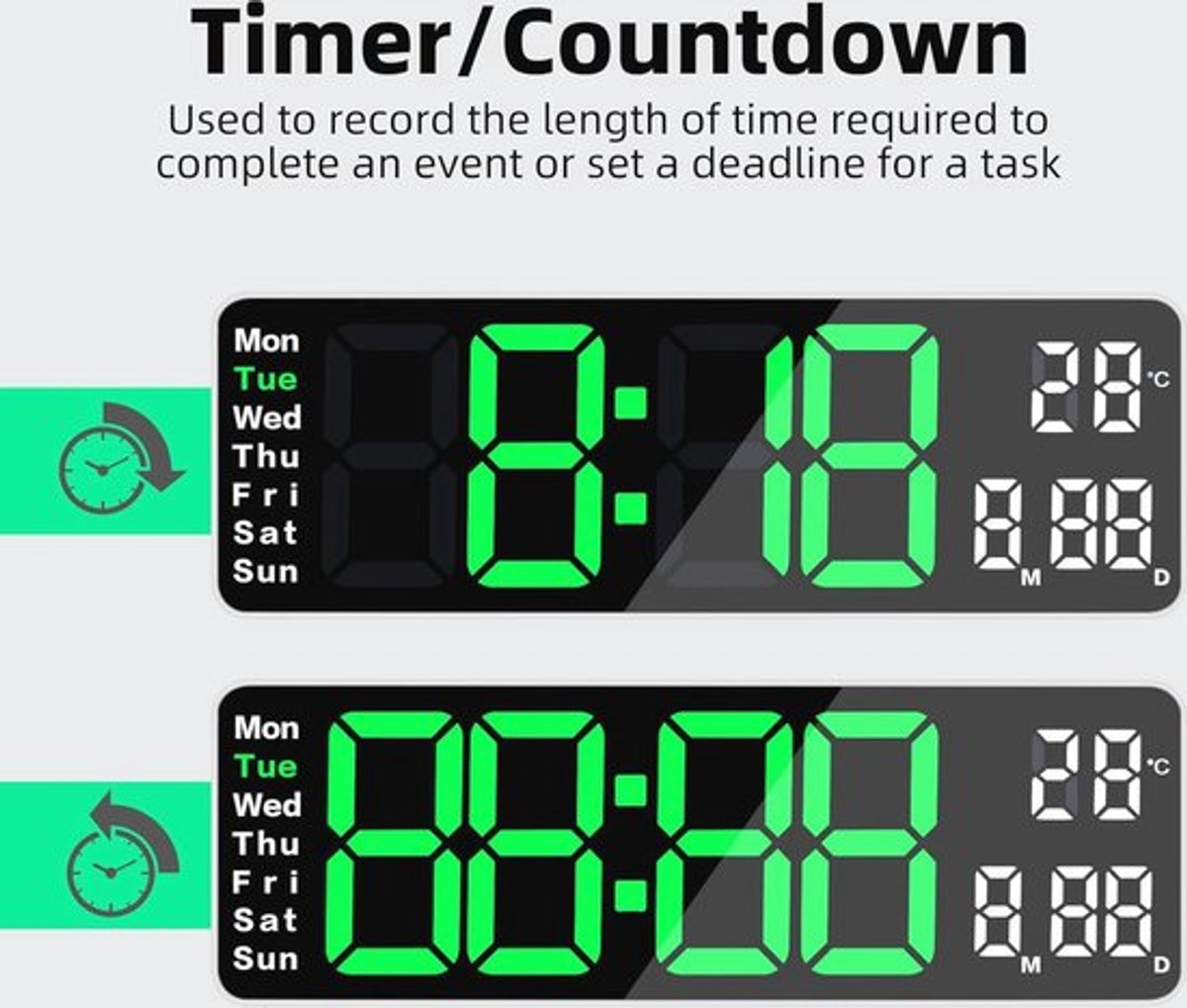 Digital Clock - Wall Clock - LED Display - 13-inch LED Digital Clock - Remote Control - Modern Design - Adjustable Brightness - Time