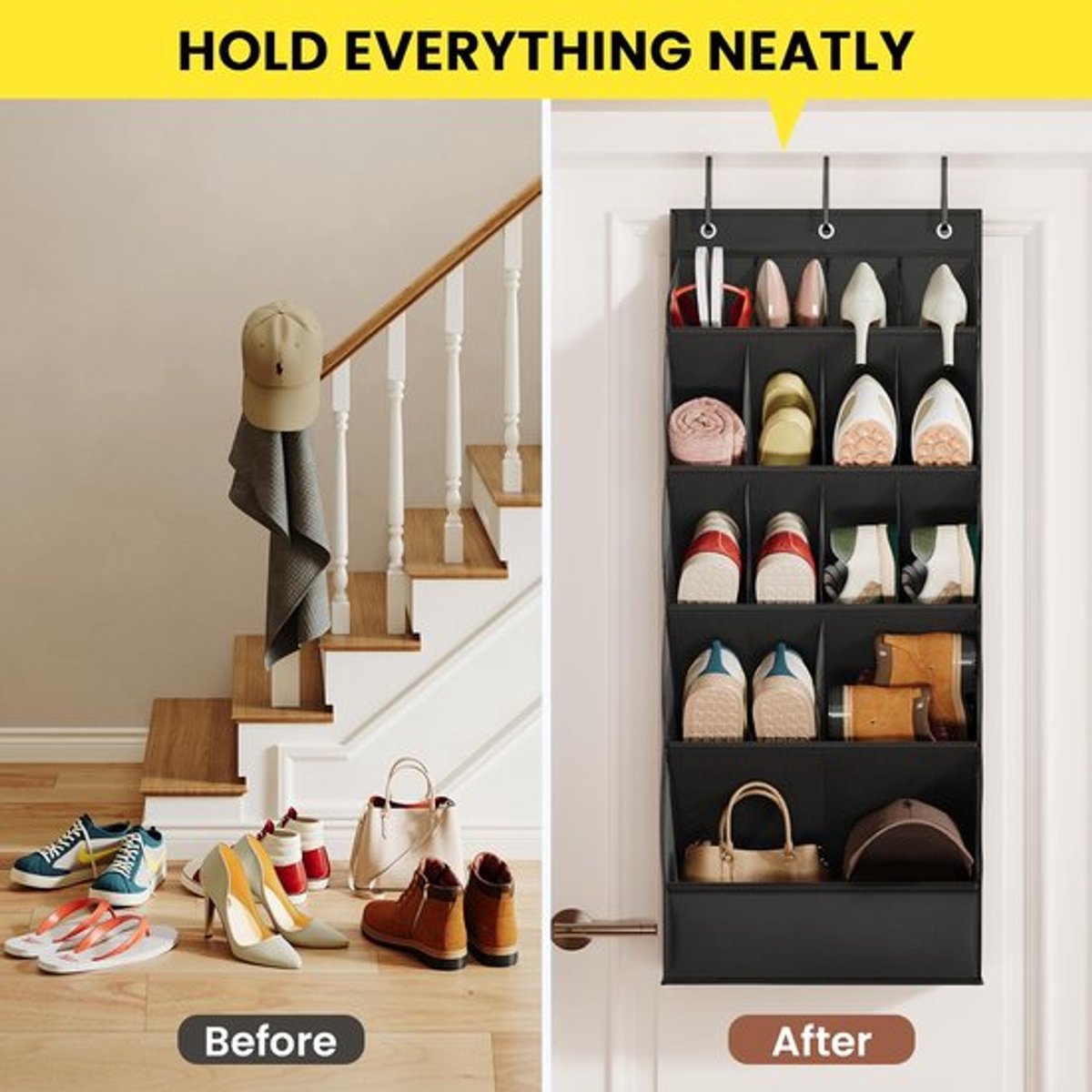 Hanging Shoe Organizer - Shoe Storage - 15 Large Compartments - Met Haken - Over-the-Door Organizer - Space-Saving Shoe Organizer - For Shoes