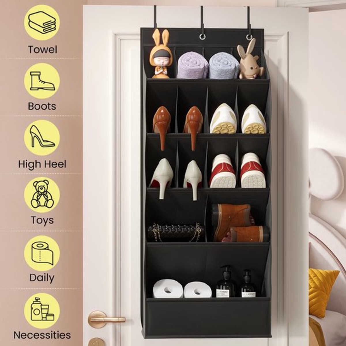 Hanging Shoe Organizer - Shoe Storage - 15 Large Compartments - Met Haken - Over-the-Door Organizer - Space-Saving Shoe Organizer - For Shoes