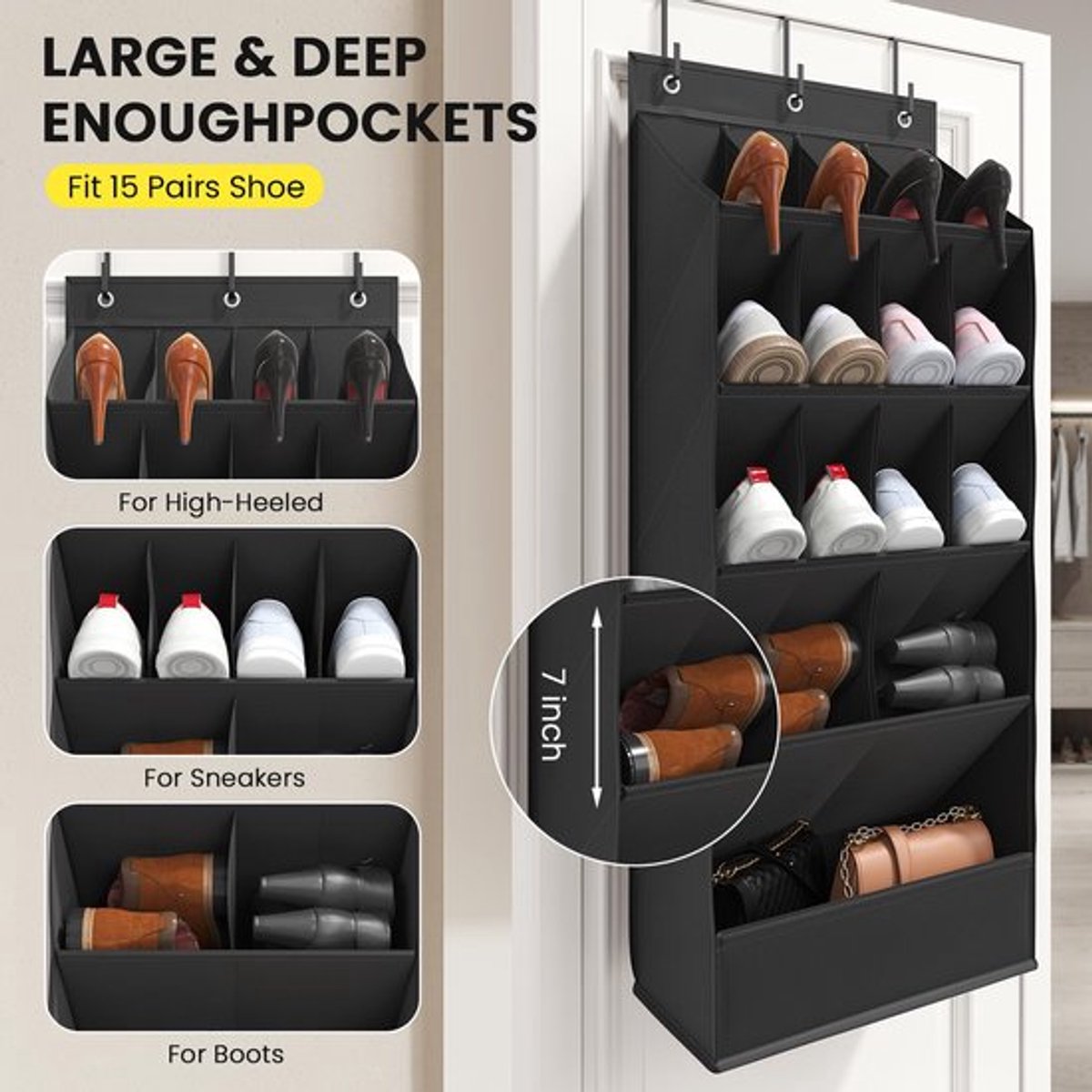 Hanging Shoe Organizer - Shoe Storage - 15 Large Compartments - Met Haken - Over-the-Door Organizer - Space-Saving Shoe Organizer - For Shoes