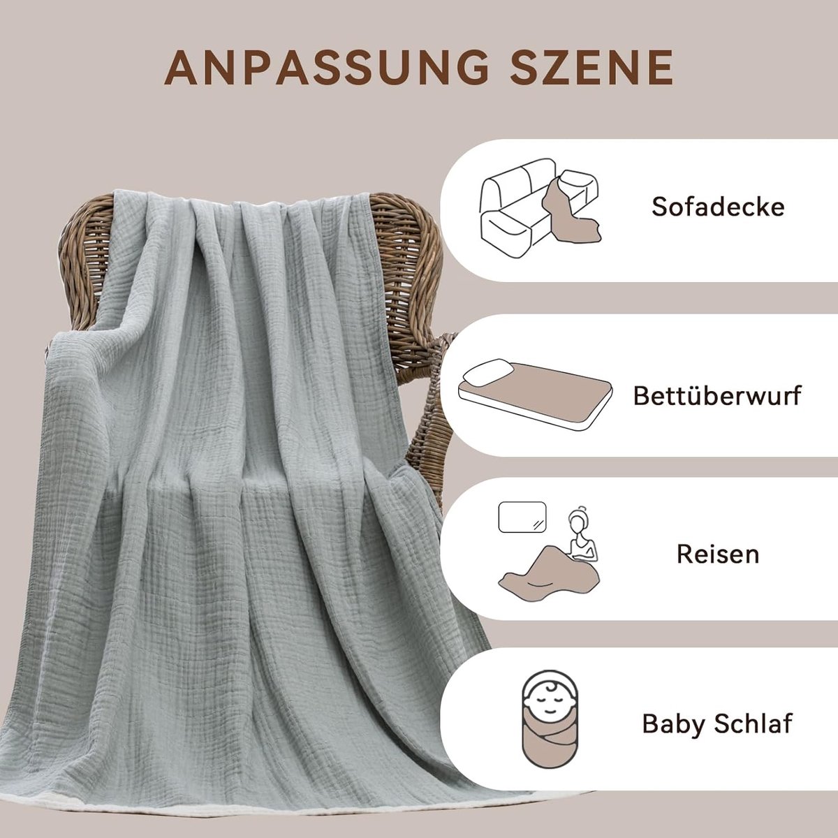 Blanket - Cozy blanket - Soft blanket - Soft and cuddly muslin bedspread - Cotton blanket - Living room blanket - Suitable for all seasons - As a sofa cover - Bedroom - 150x200cm