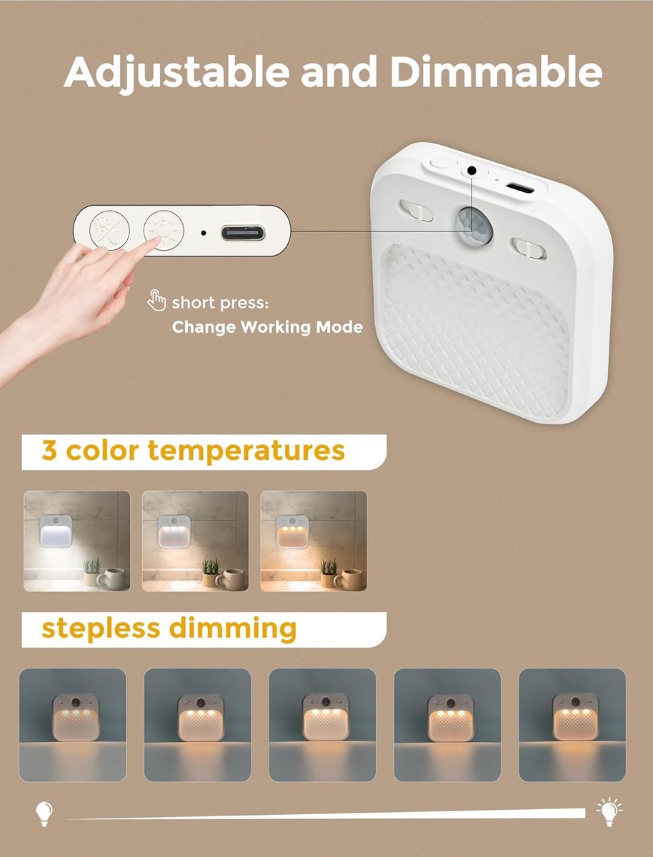 Night light - Night light plug - Children%27s night light - Night light with motion detector - With 3 detection modes - Rechargeable - 3 light colors - With adjustable brightness - For stairs - Hallway - Children%27s room - Bedroom
