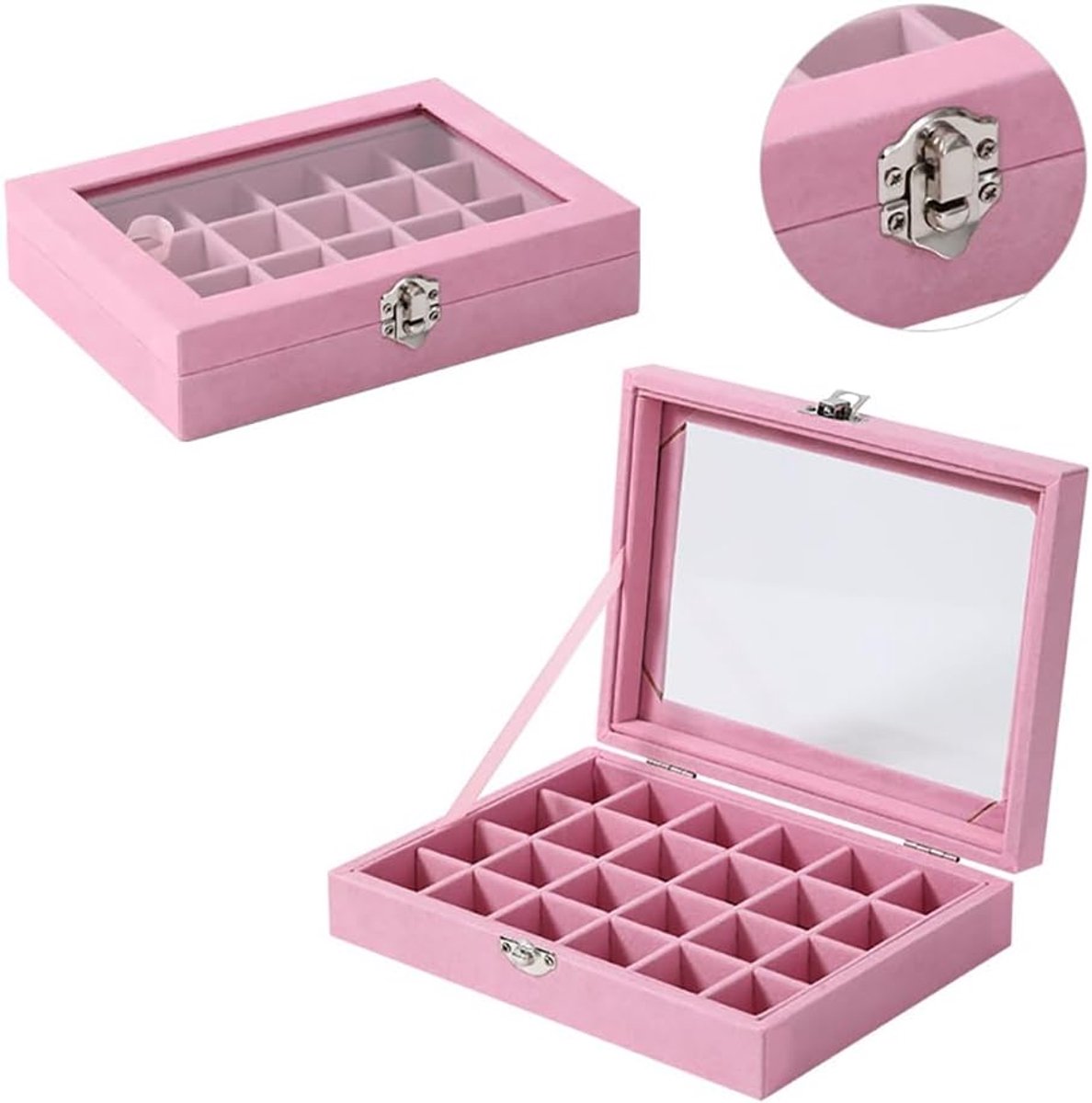 Sieradendoos - Sieradenhouder - Sieradendoos voor volwassenen - Sieradendoos voor meisjes - Sieradendoos van fluweel met deksel glazen - 24 compartmenten - Beige