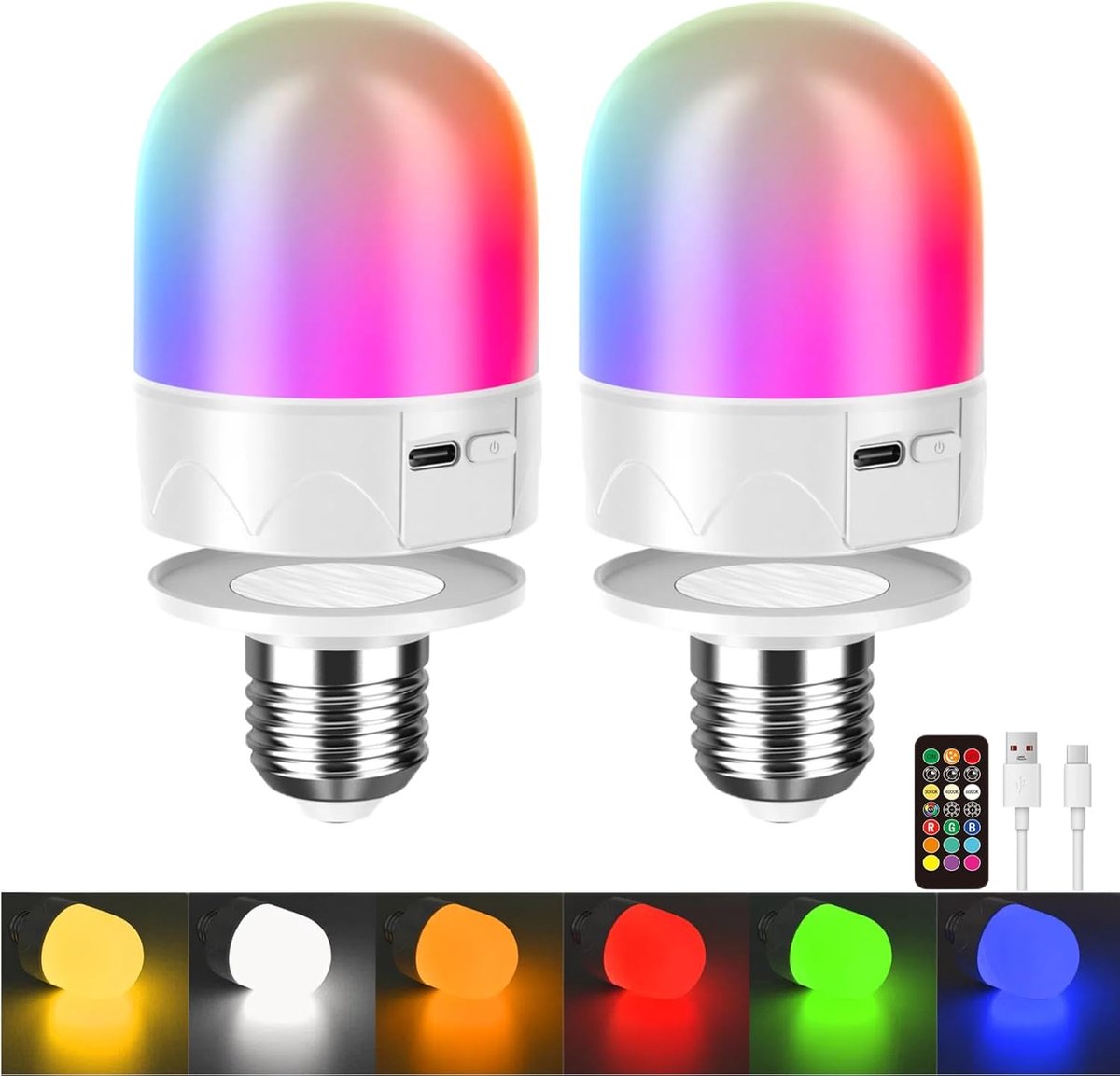 Set of 2 USB rechargeable bulbs with remote control - Battery-operated lamp bulbs - Rechargeable RGB color-changing bulbs - 12 color temperatures - Adjustable brightness - Wireless night light - 800 lm Set of 2 USB rechargeable bulbs with remote control - Battery-operated lamp bulbs - Rechargeable RGB color-changing bulbs - 12 color temperatures - Adjustable brightness - Wireless night light - 800 lm