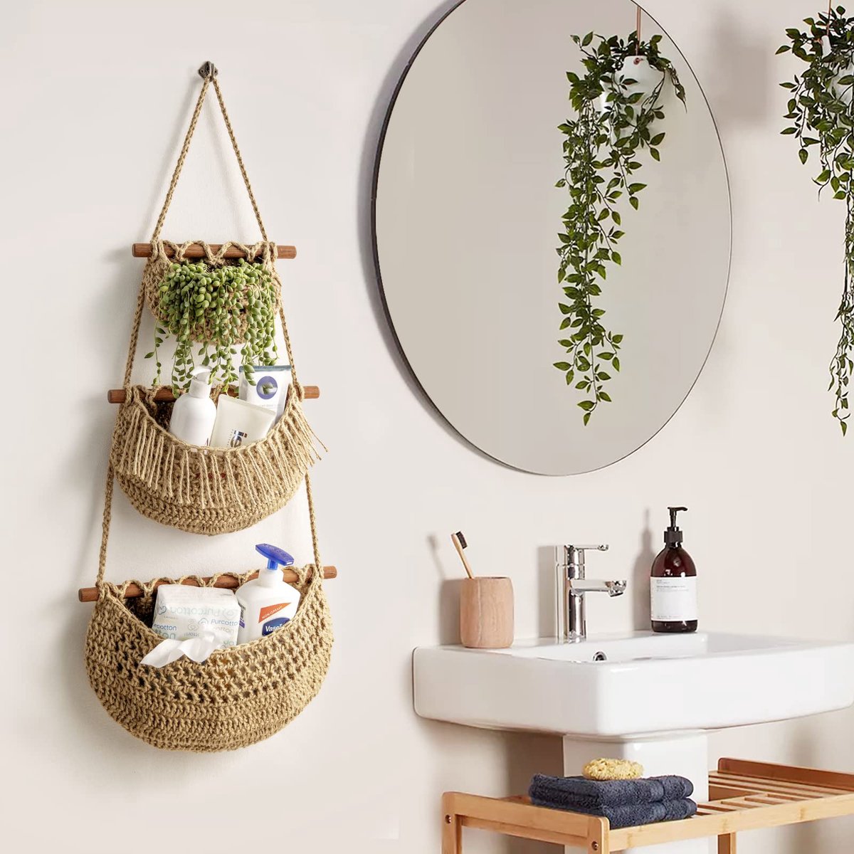 Hanging Fruit Basket - Hanging Storage - 3-Tier Over-the-Door Organizer - Woven Jute Wall Basket - Storage Bags - Over-the-Door Wall Organizer - For Entryway