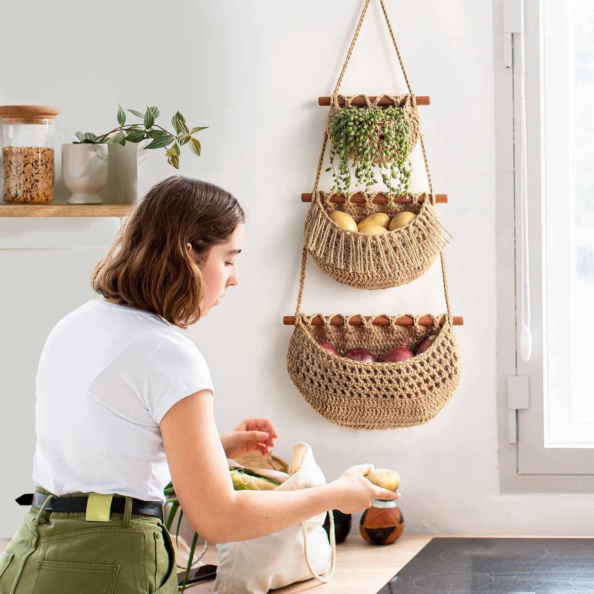 Hanging Fruit Basket - Hanging Storage - 3-Tier Over-the-Door Organizer - Woven Jute Wall Basket - Storage Bags - Over-the-Door Wall Organizer - For Entryway