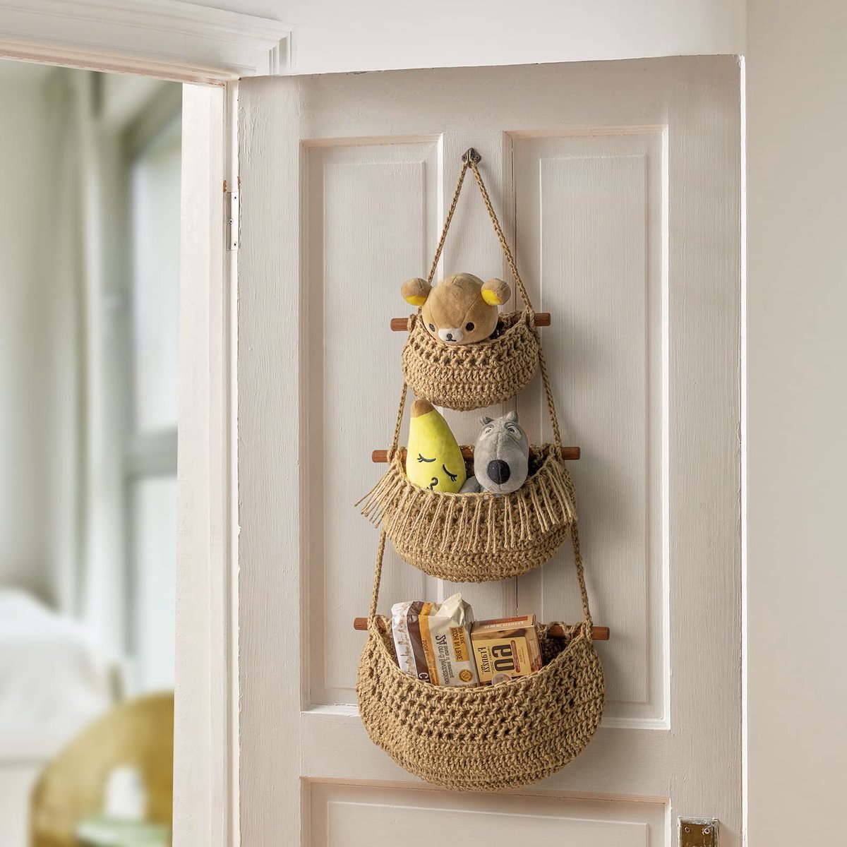 Hanging Fruit Basket - Hanging Storage - 3-Tier Over-the-Door Organizer - Woven Jute Wall Basket - Storage Bags - Over-the-Door Wall Organizer - For Entryway