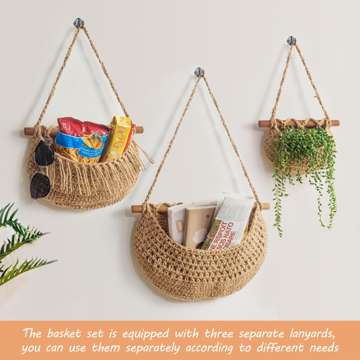 Hanging Fruit Basket - Hanging Storage - 3-Tier Over-the-Door Organizer - Woven Jute Wall Basket - Storage Bags - Over-the-Door Wall Organizer - For Entryway
