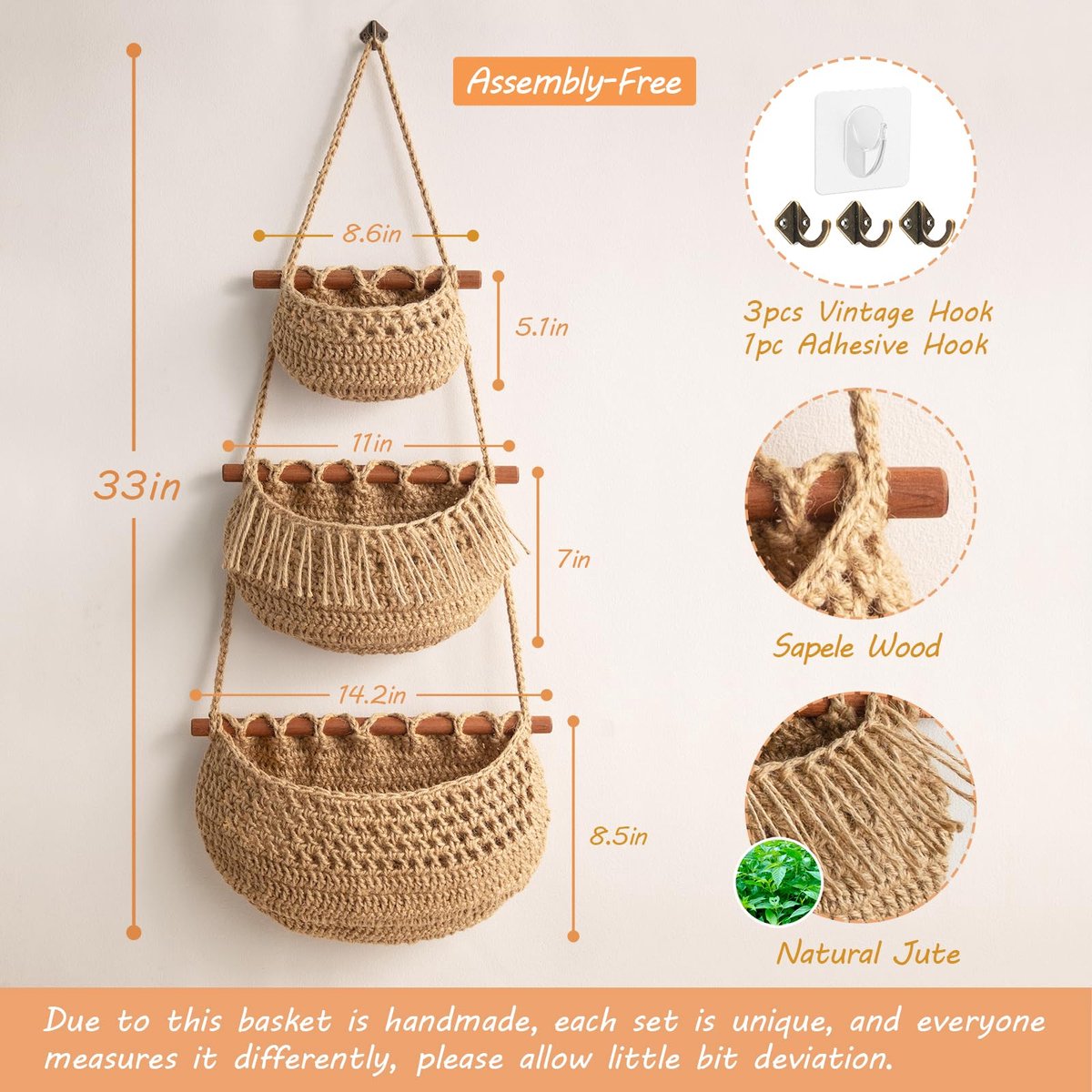 Hanging Fruit Basket - Hanging Storage - 3-Tier Over-the-Door Organizer - Woven Jute Wall Basket - Storage Bags - Over-the-Door Wall Organizer - For Entryway