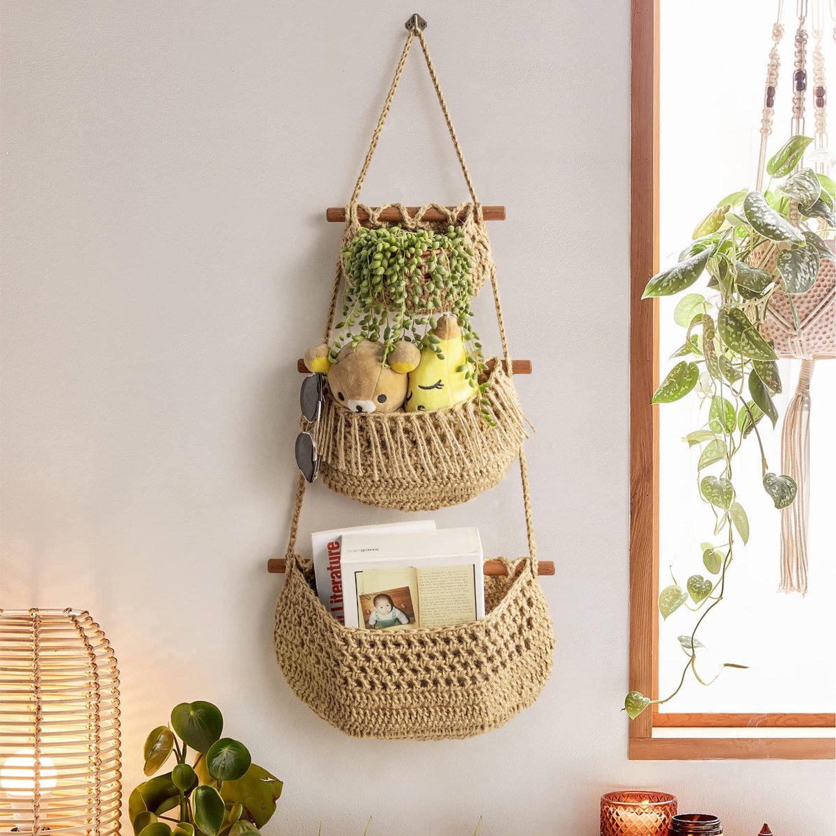 Hanging Fruit Basket - Hanging Storage - 3-Tier Over-the-Door Organizer - Woven Jute Wall Basket - Storage Bags - Over-the-Door Wall Organizer - For Entryway