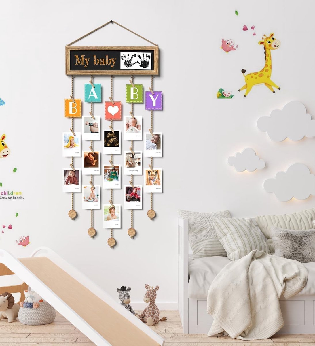 Photo album - Wall-mounted photo holder - Photo frame with display board and 30 photo clips - Wooden photo frame - Photo hanger with wall clip - Photo hanger for displaying memories