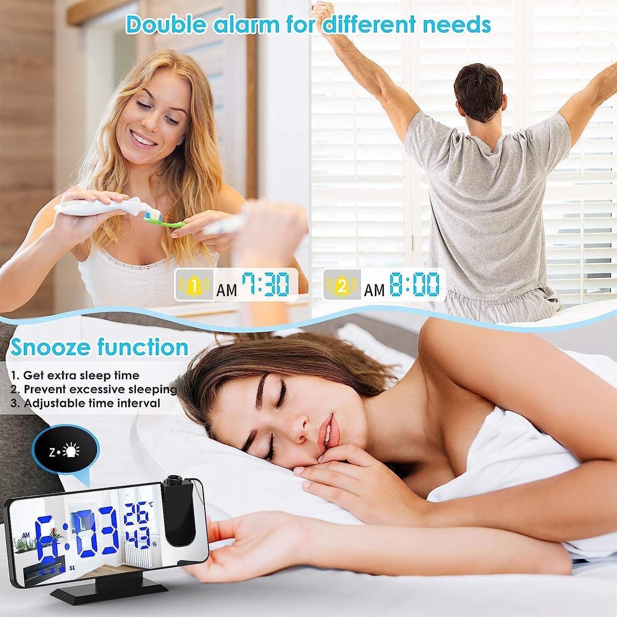 Radio Wekker digital projection with 4 dimmers and 180° rotation - 2 sounds - Groot 7.4%27%27 mirror screen Black-Blue