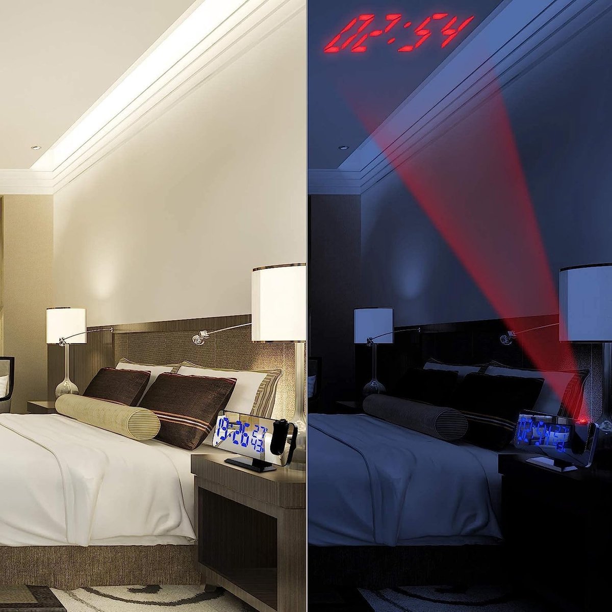 Radio Wekker digital projection with 4 dimmers and 180° rotation - 2 sounds - Groot 7.4%27%27 mirror screen Black-Blue