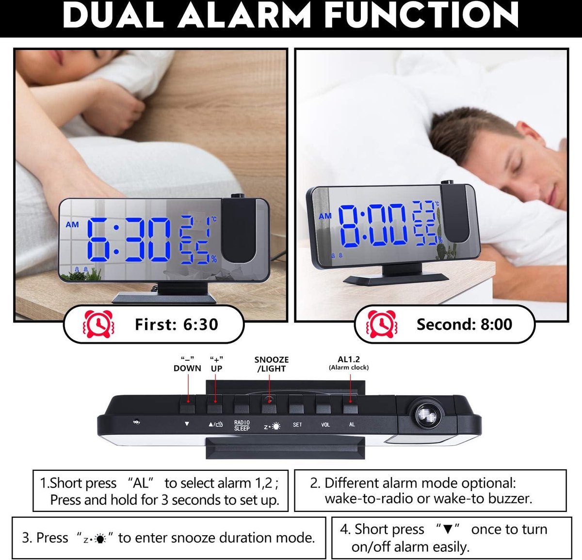 Radio Wekker digital projection with 4 dimmers and 180° rotation - 2 sounds - Groot 7.4%27%27 mirror screen Black-Blue