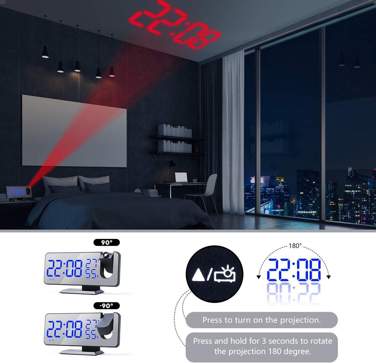 Radio Wekker digital projection with 4 dimmers and 180° rotation - 2 sounds - Groot 7.4%27%27 mirror screen Black-Blue