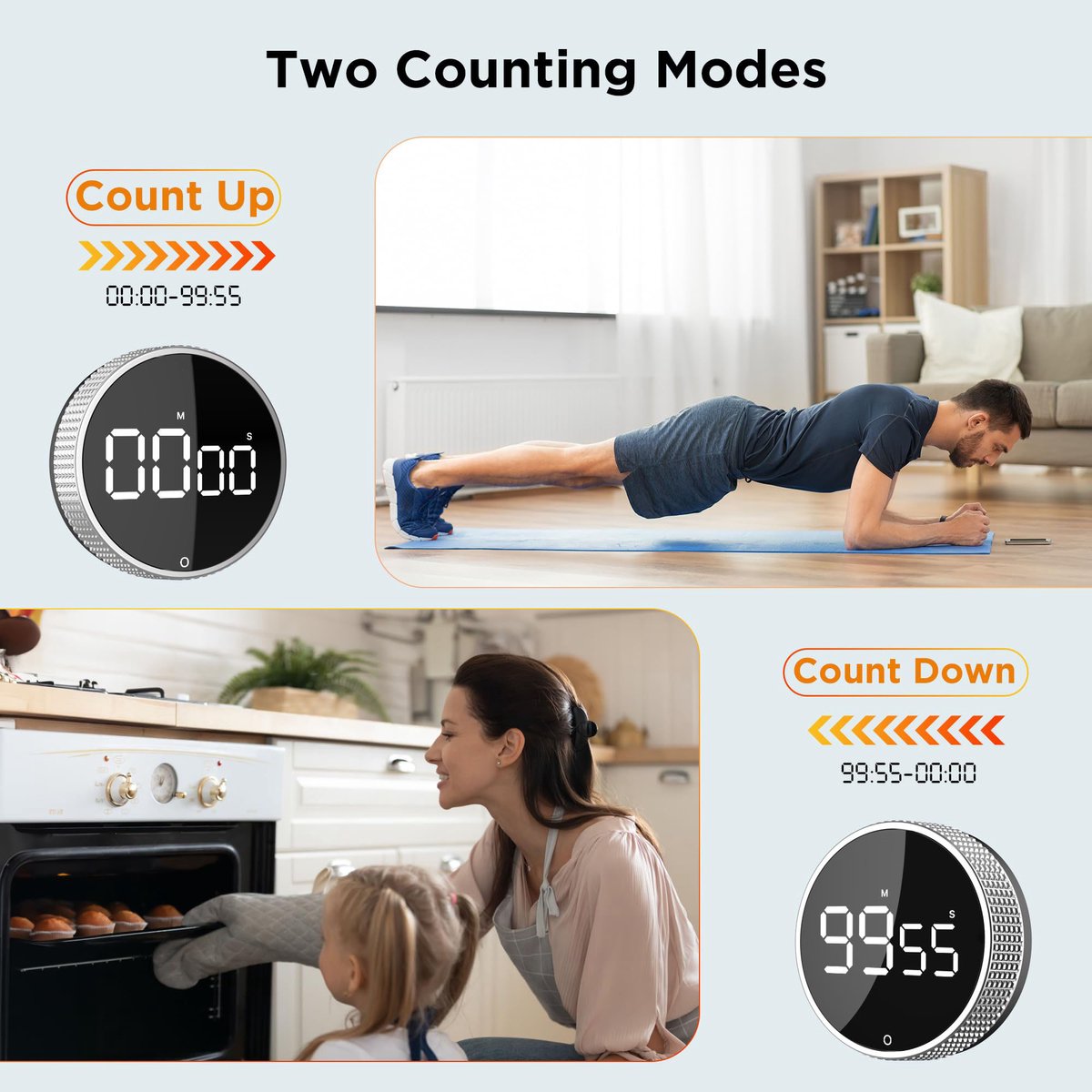 Digital Timer - Digital Kitchen Timer - Smart Timer - LED Display - Magnetic - 360 Degree Rotation - BBQ Alarm Clock - Black