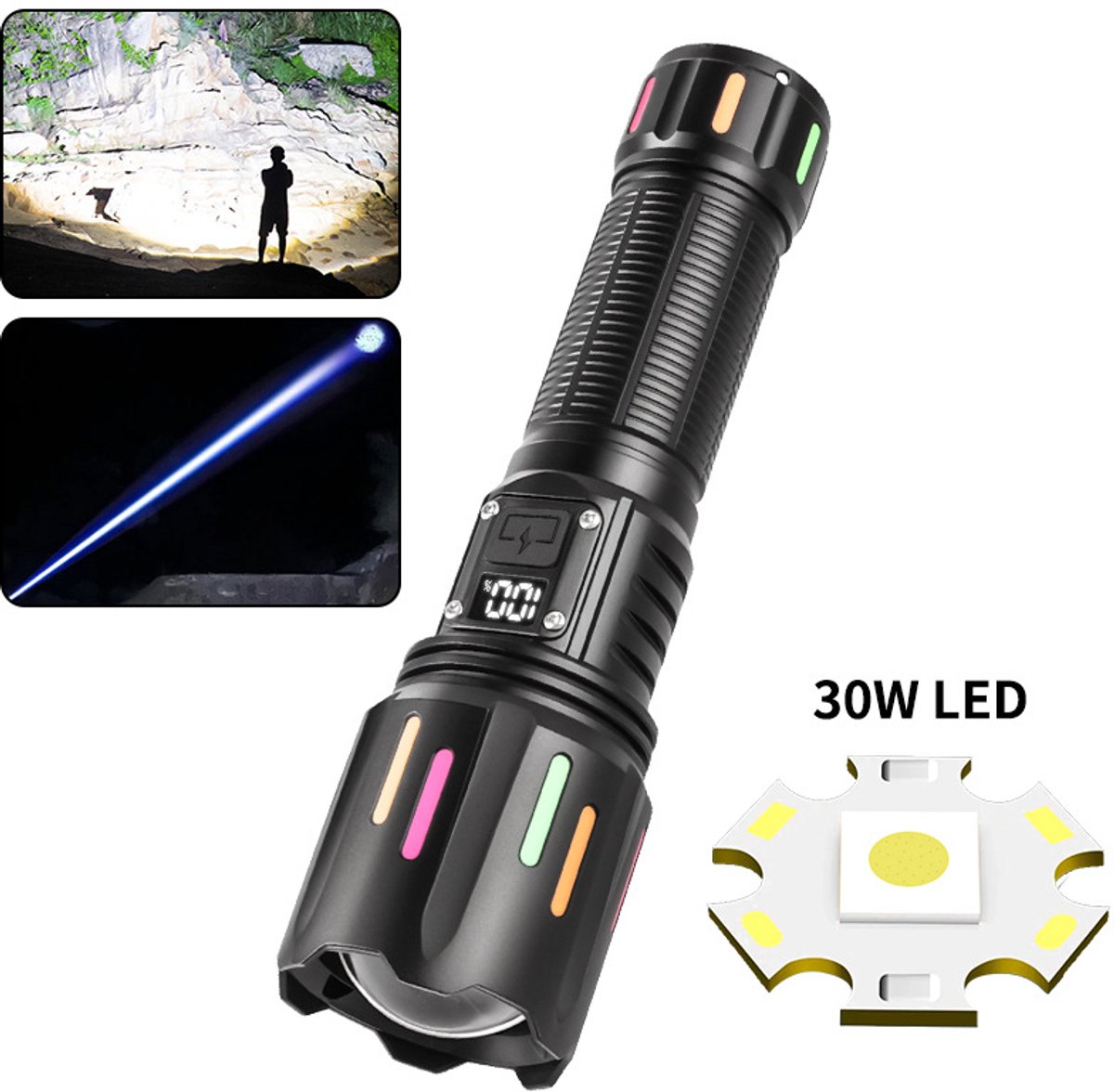 High power white laser LED flashlight, rechargeable zoom waterproof Type-C flashlight for outdoor use - batteries not included.