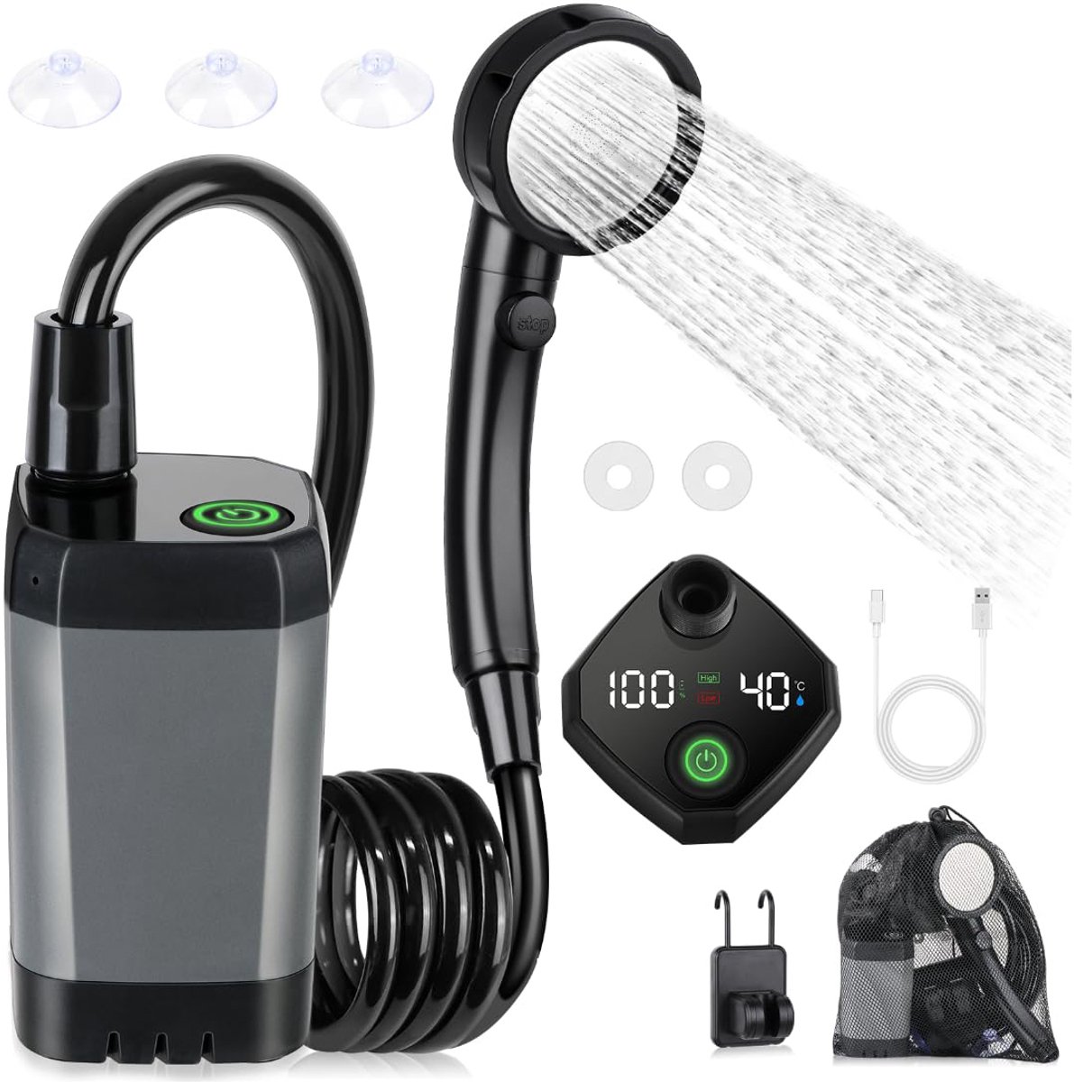 Portable Camping Shower - 6000mAh Rechargeable Shower Pump - With Smart LED Display - 4 Spray Modes - IPX7 Waterproof Outdoor Shower - For Hiking, Travel, Car, Pets - Gray