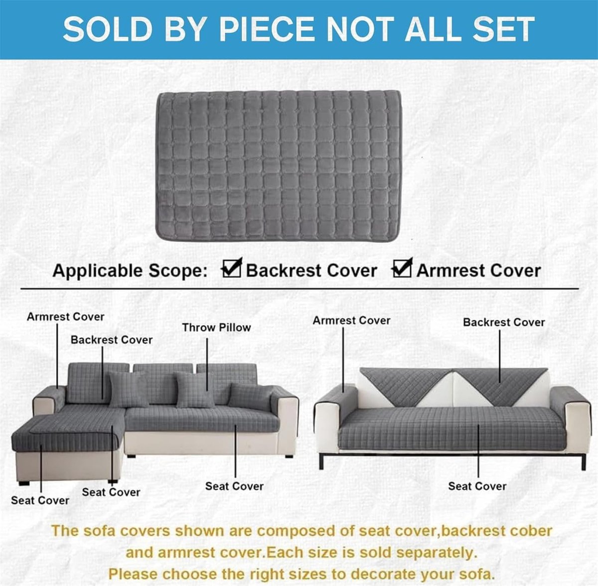 Sofa cover - Corner sofa cover - Flannel sofa cover - Winter - Winter sofa cover - Sofa cover - Corner sofa cover (1/2/3/4 seater) - L-shaped sofa cover - Grey - 90 x 90 cm
