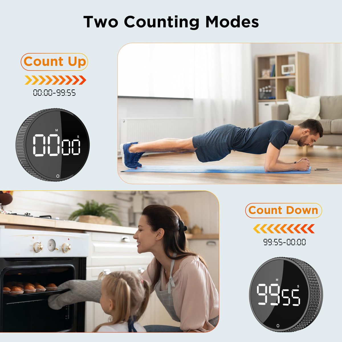 Digital Timer - Digital Kitchen Timer - Smart Timer - LED Display - Magnetic - 360° Rotation - BBQ Alarm Clock - Silver