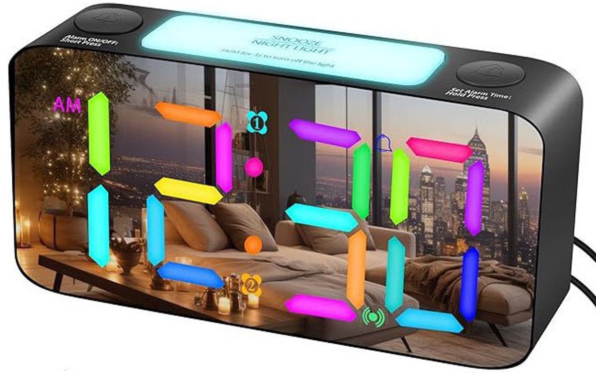 Wekker - Digital Alarm Clock - Wekker Children%27s Alarm Clock - LED Alarm Clock - Wekker with Color Mirror - 15 Color Modes - Large 7-inch Screen - 3 Brightness Levels - Night Light - Adjustable Volume - 12/24 Hour Time - Mains Powered Alarm Clock - For Ch Wekker - Digital Alarm Clock - Wekker Children%27s Alarm Clock - LED Alarm Clock - Wekker with Color Mirror - 15 Color Modes - Large 7-inch Screen - 3 Brightness Levels - Night Light - Adjustable Volume - 12/24 Hour Time - Mains Powered Alarm Clock - For Ch