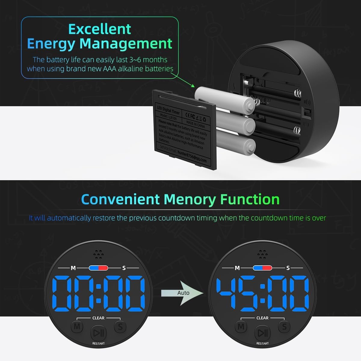 Digital Timer - Digital Kitchen Timer - Smart Timer - LED Display - Magnetic - Addition/Subtraction - Learn to Tell Time - Analog Kitchen Timer - Black