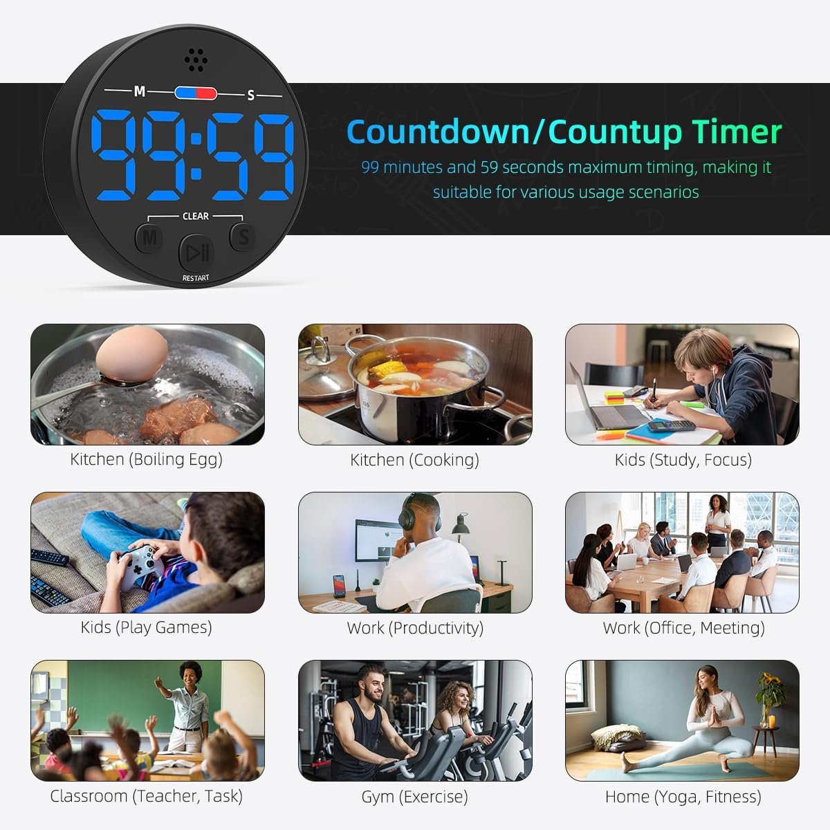 Digital Timer - Digital Kitchen Timer - Smart Timer - LED Display - Magnetic - Addition/Subtraction - Learn to Tell Time - Analog Kitchen Timer - Black