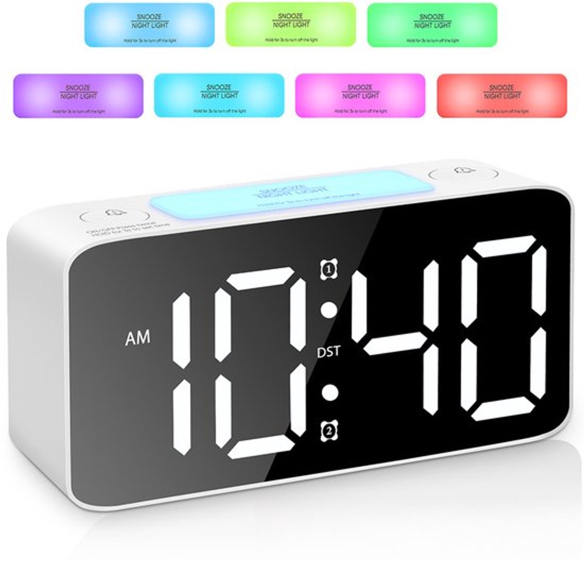 Digital nightlight - Klok Extra powerful - 7 colors - Ideal for heavy sleepers - Adjustable volume and USB charging - Place on the bedside table - Wit Digital nightlight - Klok Extra powerful - 7 colors - Ideal for heavy sleepers - Adjustable volume and USB charging - Place on the bedside table - Wit