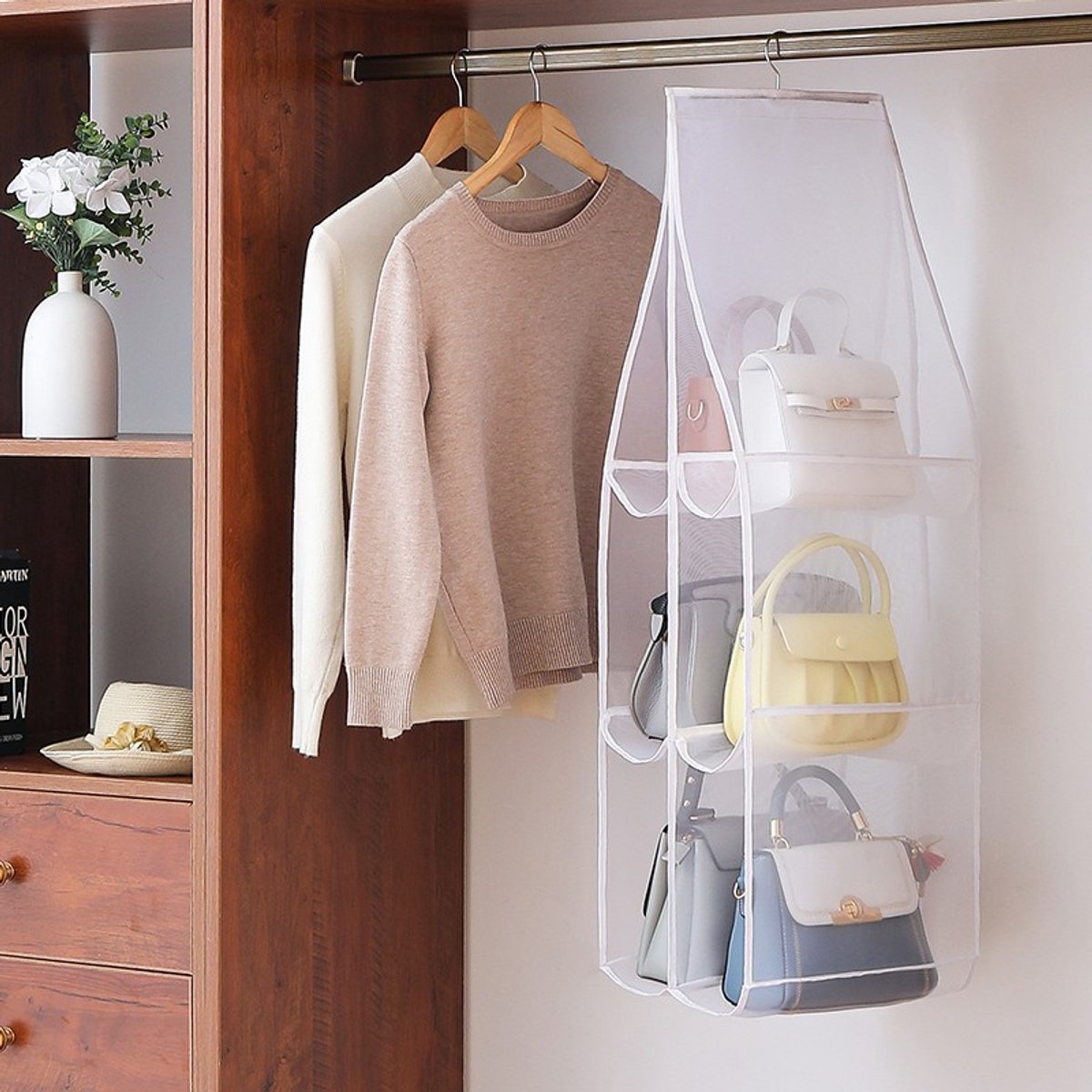 Hanging storage shelf - Closet organizer - Wardrobe organizer - 6 compartments - Suitable for handbags Hanging storage shelf - Closet organizer - Wardrobe organizer - 6 compartments - Suitable for handbags
