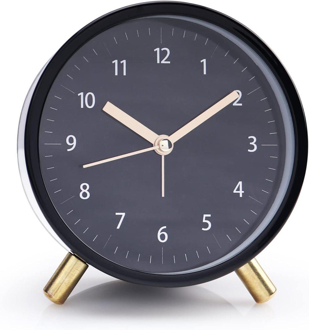 Silent Alarm Clock with Night Light and Backlight, Metal Clock for Bedrooms and Travel, Black