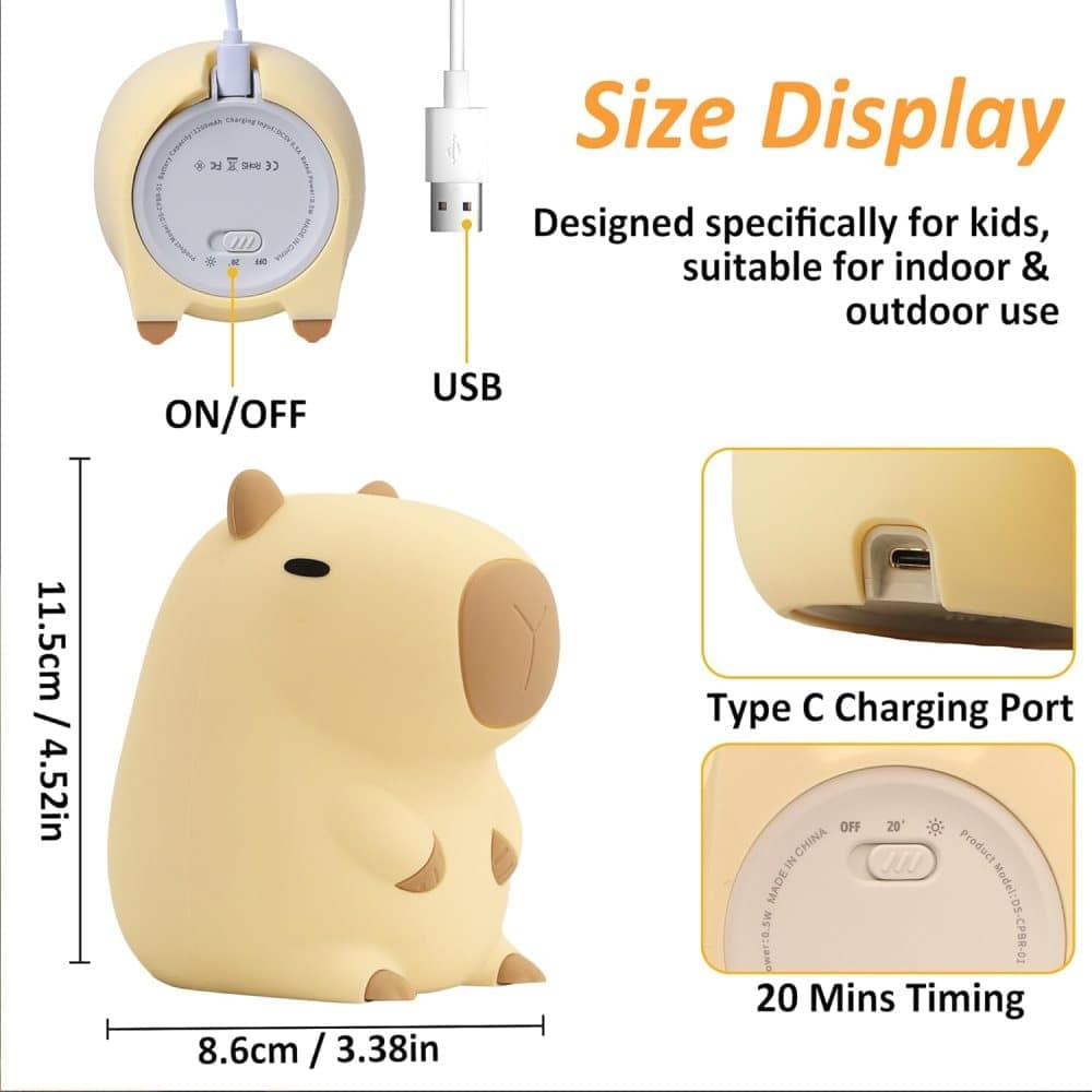 Capybara Night Light Soft Animal Shaped LED Lamp Dimmable with Timer Rechargeable for Kids Room