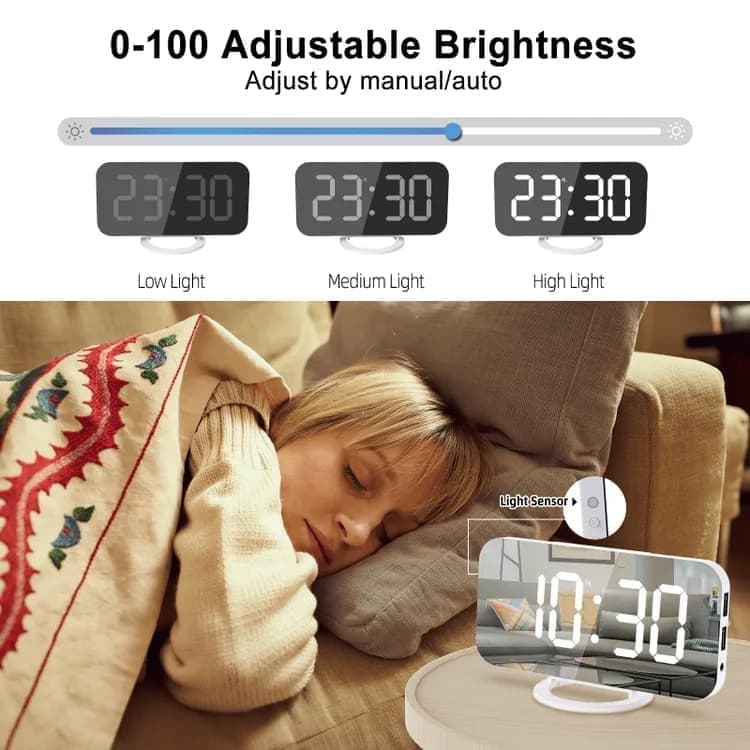 Digital LED Mirror Alarm Clock with Bed Shaker for Heavy Sleepers