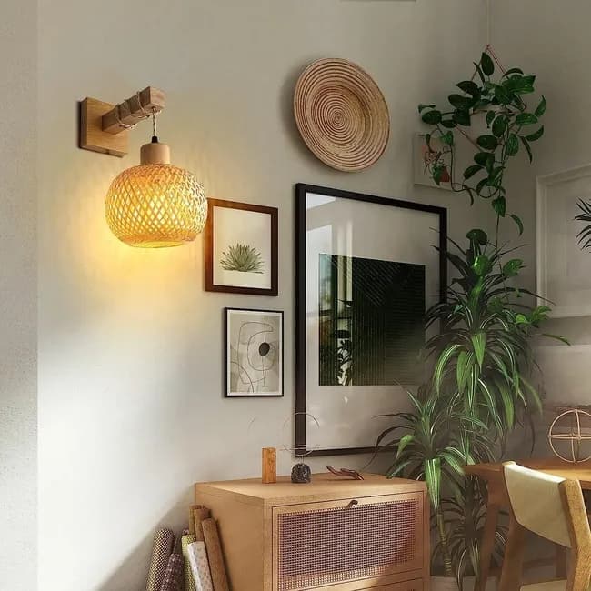 Bamboo wall lamp with lantern shape hand-woven lampshade