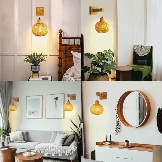 Bamboo wall lamp with lantern shape hand-woven lampshade