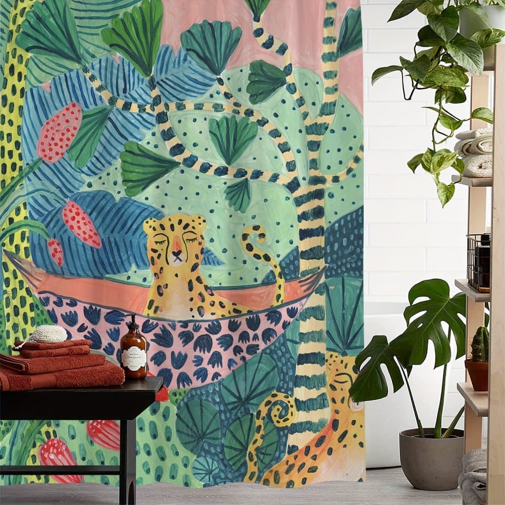 1 Waterproof Jungle Leopard Shower Curtain with 12 Hooks, Bohemian Bathroom Decor, 180x180cm