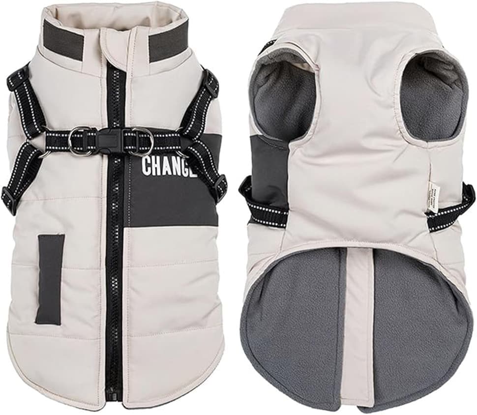 1 Warm Winter Dog Vest with Stand Collar, Wind and Waterproof, S M L XL, Beige