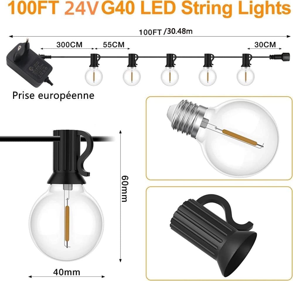 52 LED String Lights Waterproof G40 for Outdoor